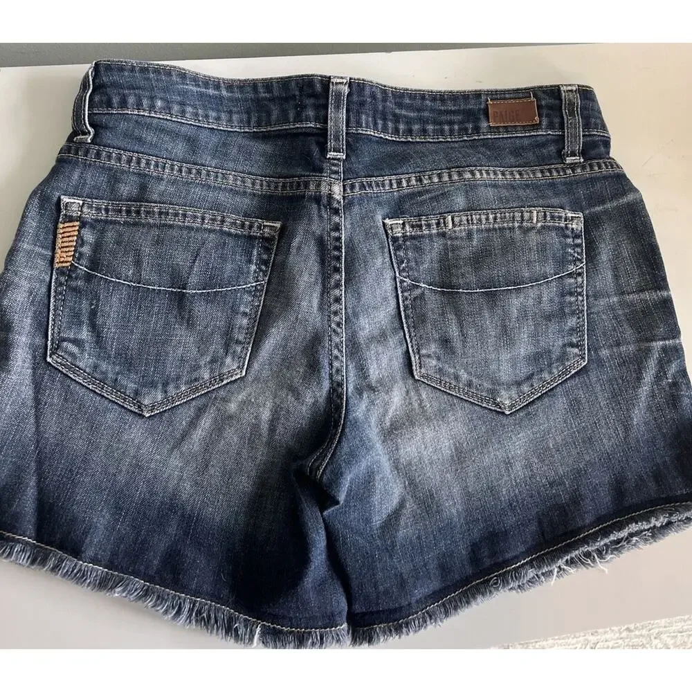 Women's Paige Premium Denim Shorts Mid Rise Raw Hem Relaxed Boyfriend SZ 25